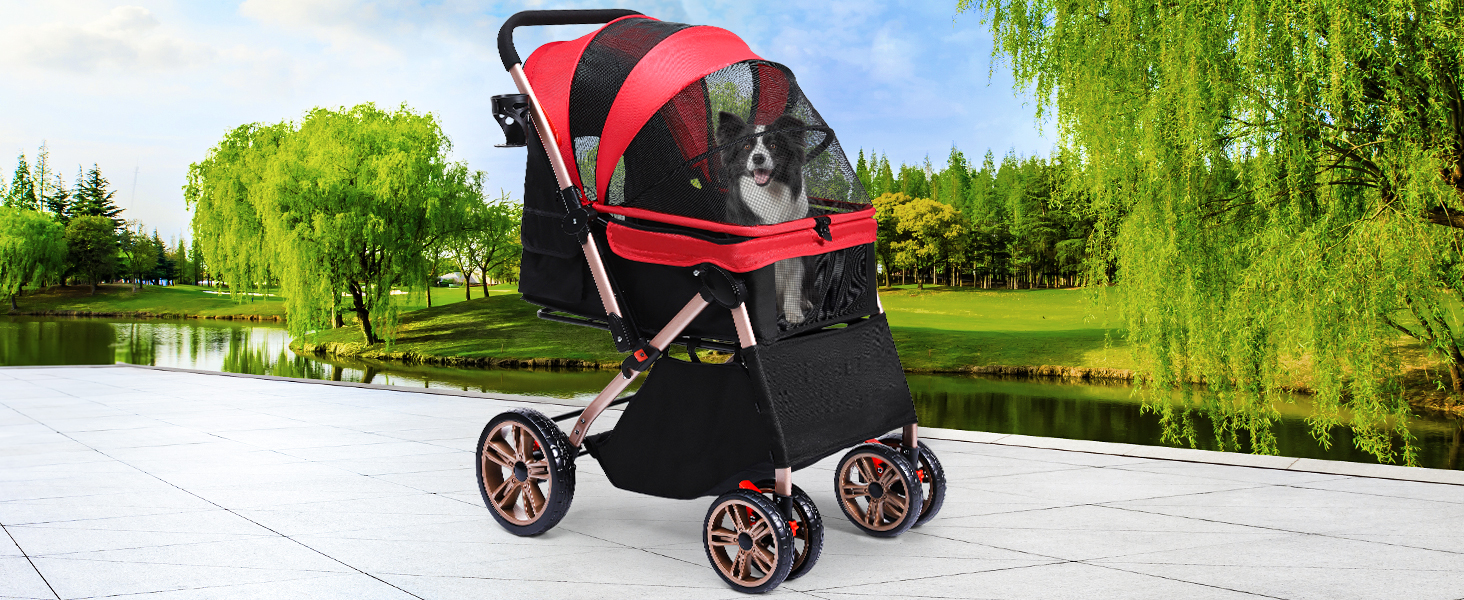 Візок для собак YITAHOME, червоний, для маленьких собак, з обертовим ручками, сітковими вікнами та гальмами