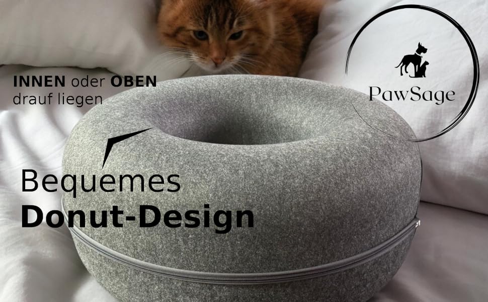 Лежак-донат PAWSAGE XXL для котів, 60x60x28 см, темно-сірий, м'який антистресовий тунель-будиночок для котів, флісовий затишний кошик
