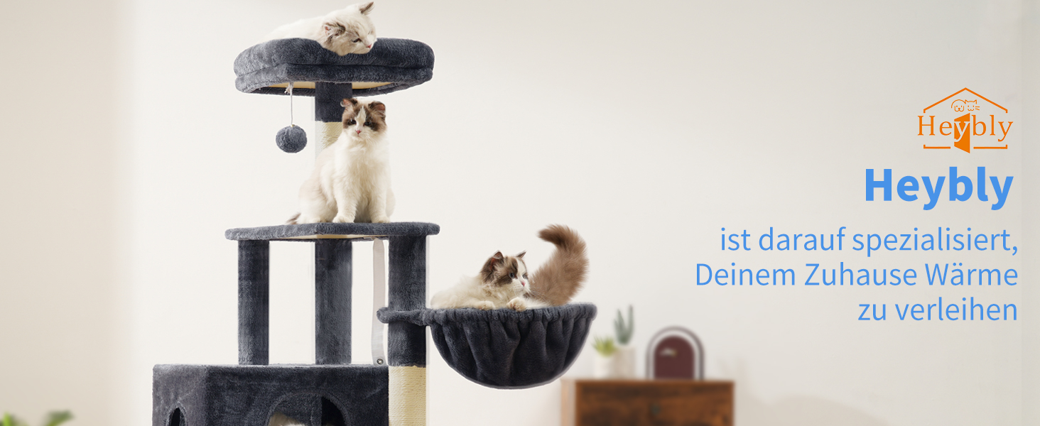 Котячий будиночок Heybly Kratzbaum HCT200SW: зручний когтетоп з будиночком, стійка конструкція, 125 см (димно-сірий)