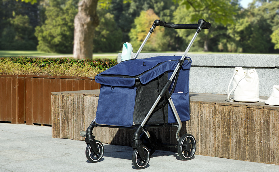 Візок для собак та котів PawHut легкий, складною конструкцією, з алюмінію, з подушкою, сіткою, дверима та кошиком для зберігання (Блакитний)