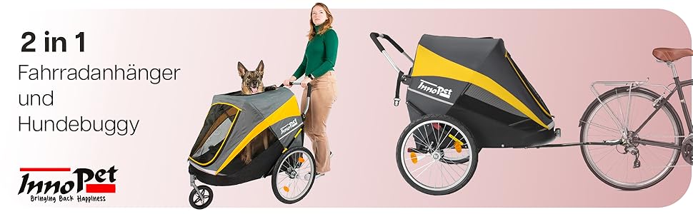 Візок для собак Innopet Hercules 2-в-1 (також велосипедний причіп) жовто-сірий - до 50 кг, з перетворювачем та дощовим покривом, внутрішні повідки, повітряні колеса 45 см