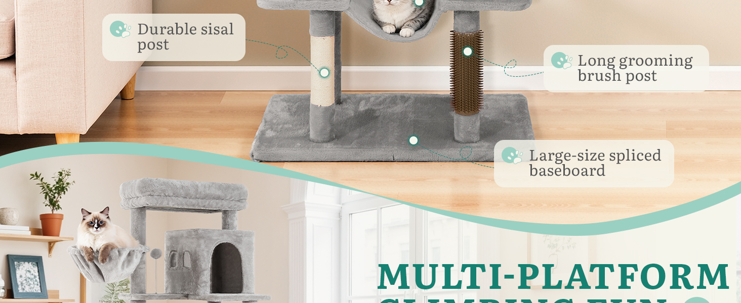 Котячий комплекс YITAHOME для великих котів з дряпалкою, будиночком та платформами, сірий, 157 см