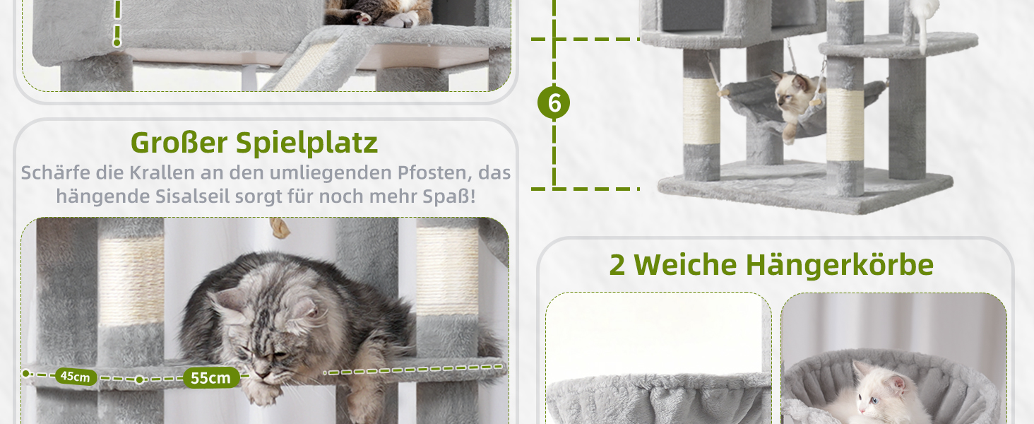 Великий котячий будиночок Kratzbaum GCT031W 200 см сірий: кігтеточка, платформа, гамак, печери для котів