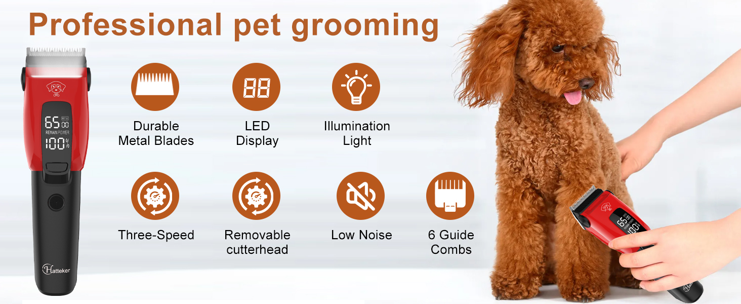 Професійна машинка для стрижки собак Hatteker: електрична, бездротова, з підсвічуванням, 7500 RPM