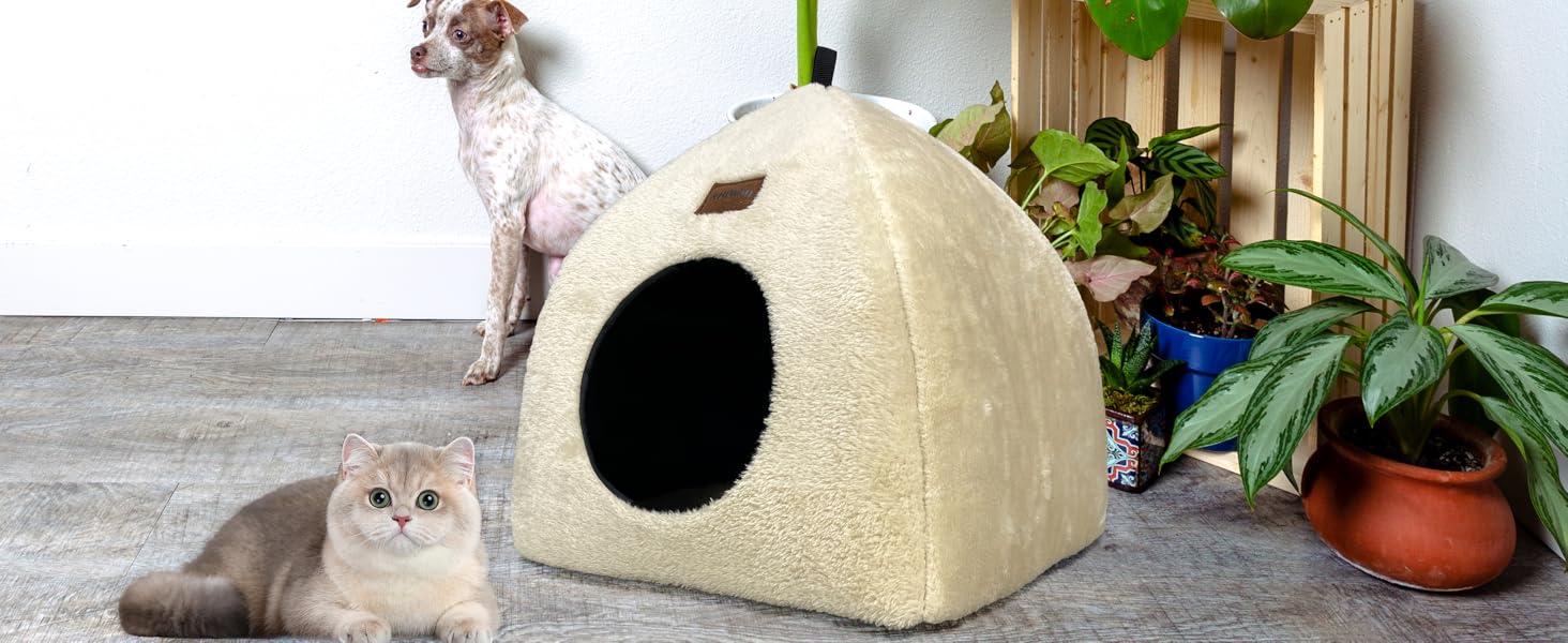 Котяча хатинка Whiwhi для дому, намет для котів із м'яким плюшевим матрацом, складаний сірий будиночок 45x45x41 см