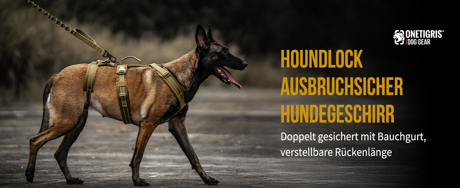 OneTigris HOUNDLOCK Тактичне шлейка для собак, надійна, регульована, з м'якою підкладкою, з ручкою, 2D-кільцями та світловідбиваючими елементами (M, L:27-41кг, обхват шиї 45-63см, обхват грудей 68-91см), Колір: Коричневий