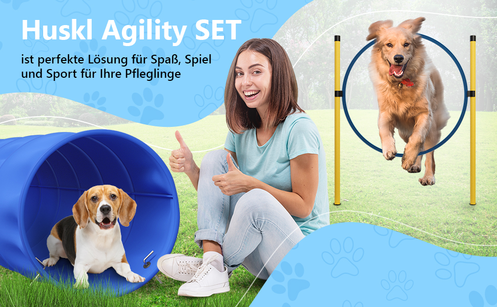 Набір для аджиліті для собак Huskl Agility Set: тунель, стійки, кільце, коробка для відпочинку. Аксесуари для аджиліті та тренувань собак.