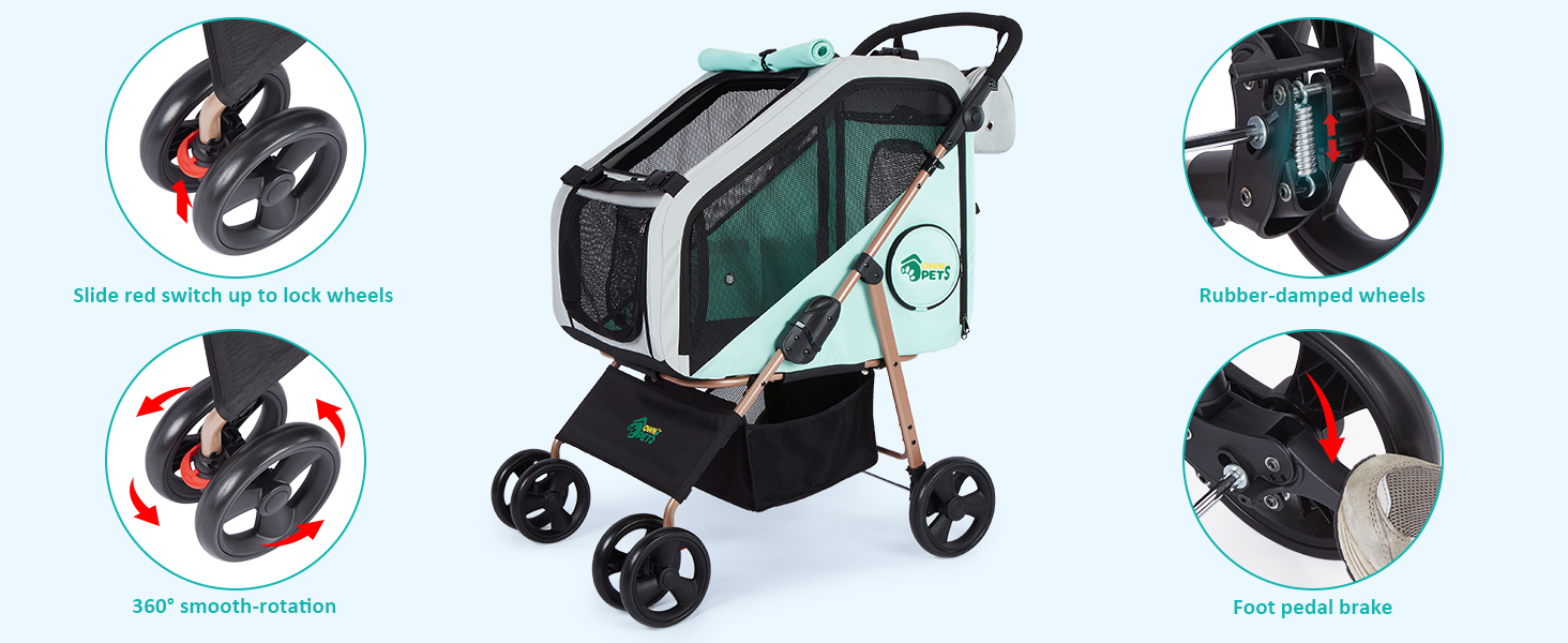 Візок для собак Ownpets - 3в1, для собак середніх порід (до 30 кг), блакитний, з автотранспортною коробкою, поворотні колеса та амортизація