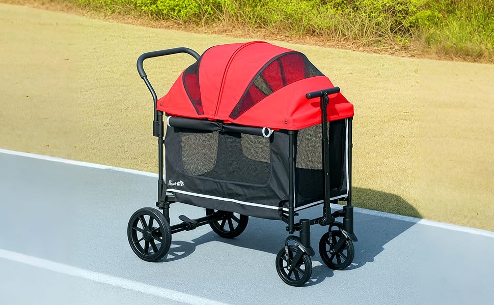 PawHut 2-в-1 візок для собак та котів, розкладний, до 30 кг, з подушкою, сітковими віконцями, 2 дверима та сумкою для зберігання (Червоний)