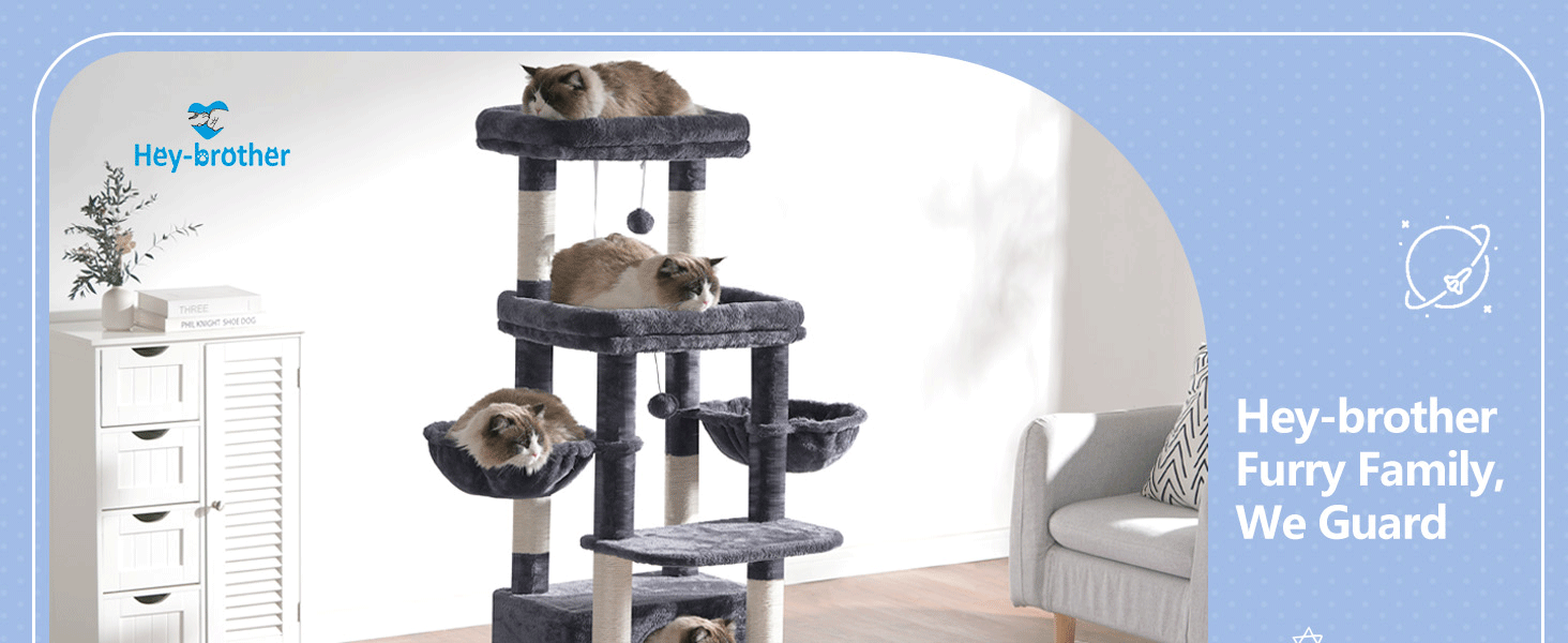 Котячий будиночок Hey-brother Kratzbaum для великих котів та Мейн-кунів, багатоярусний, стабільний, з 2 платформами, 2 котячими будиночками, великою печерею та щіткою, EMPJ070W (димно-сірий)