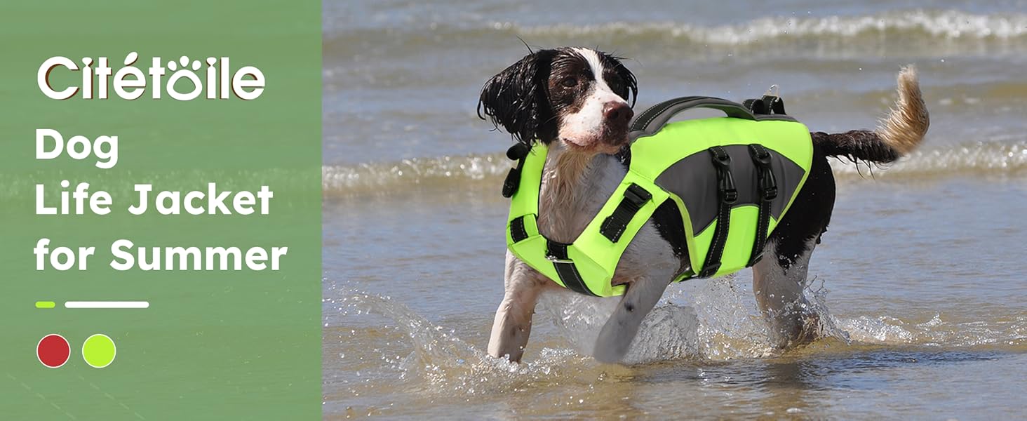 Жилет рятувальний для собак CITEKOILE з ручкою та світловідбиваючими елементами, регульований, для малих, середніх та великих собак, для водних видів спорту, плавання та катання на човні, (S, Зелений)