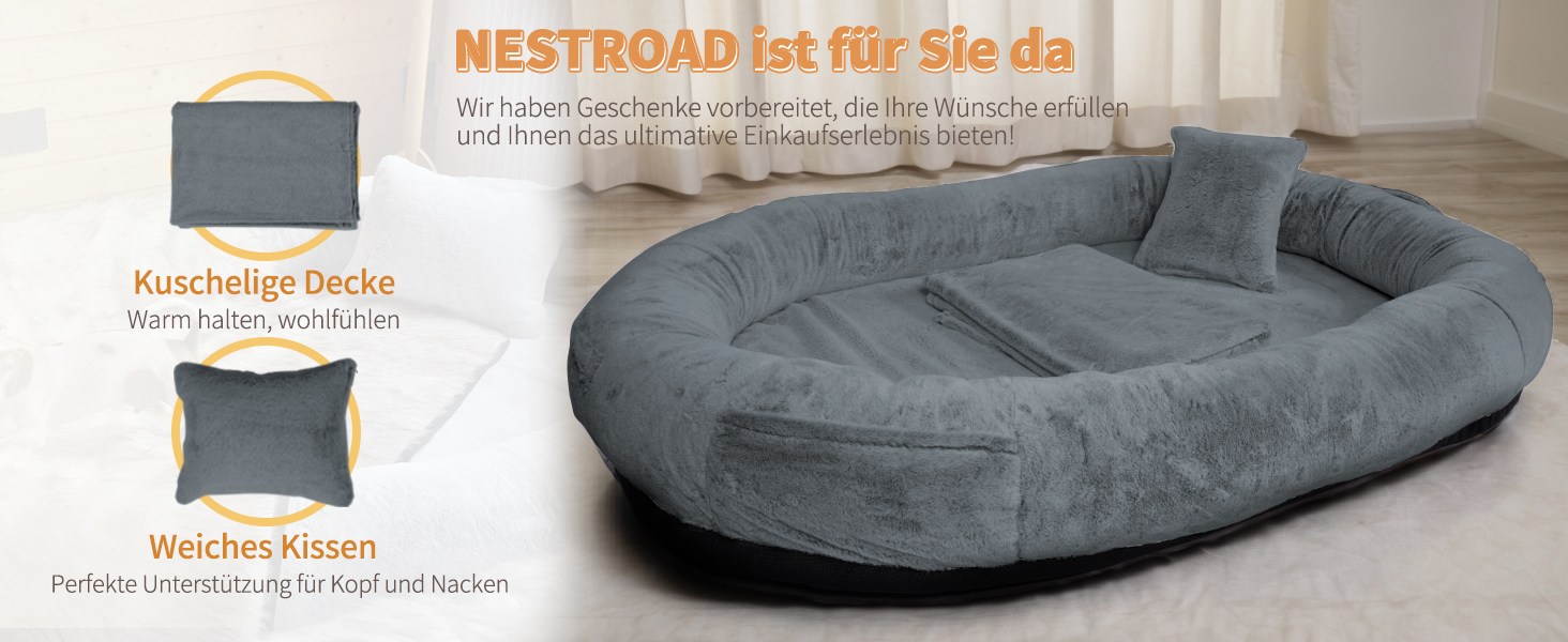 Крісло-мішок для собак та людей NESTROAD, 180x114x35 см, сірий, з штучним хутром, подушкою та ковдрою