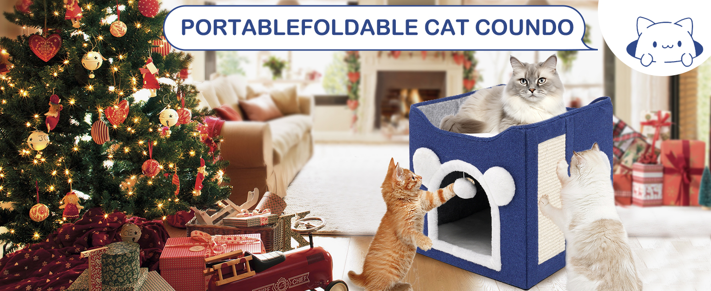 Кіт-будинок складний великий для котів та маленьких собак з когтеточкою та пухнастою кулькою, блакитний