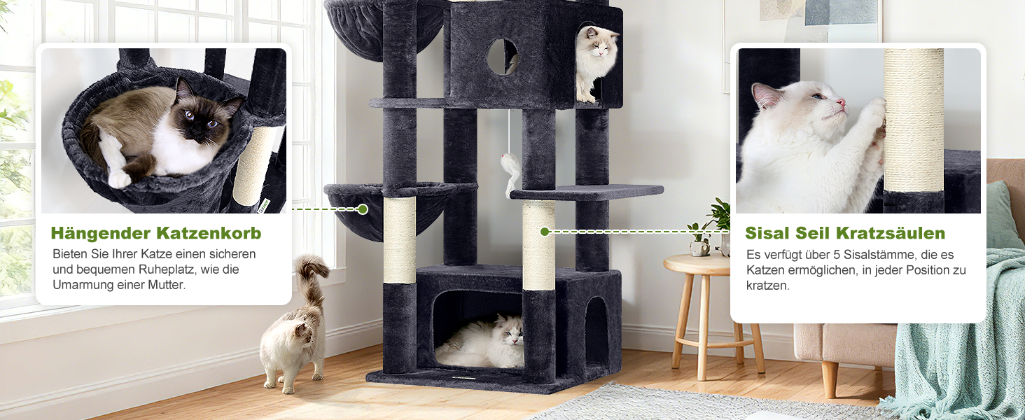 Кігтеточка Globlazer 204 см з 3 будиночками, 2 платформами, 3 м'якими будиночками для котів, стабільна, для 3-5 котів, відпочинок, ігри, дряпання, інтер'єр (Dunkelgrau)