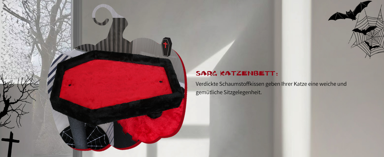 Готичний котячий комплекс з ліжком-саркофагом, чорний котячий оазис для Хелловіну, готичні меблі для котів (компактний)