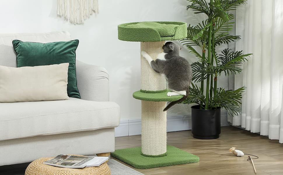 Кігтеточка PawHut 91 см для котів з сизалевих стовпів, платформи та подушками. Багатоярусна кігтеточка-вежа, для середніх котів, зелена