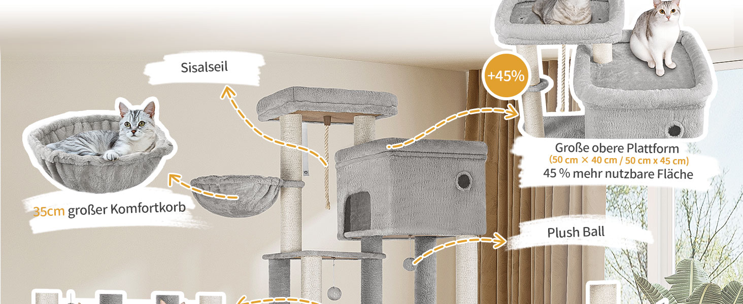Котячий будиночок Hzuaneri XXL з 10 стовпчиками для дряпання, 2 печерами, 2 гамаками, великою платформою, щітками для котів, кошиком. Підходить для Maine Coon, великих котів, сірий колір MS20018LG