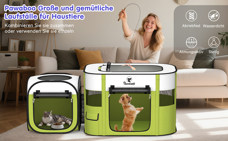 Pawaboo Зручний портативний вольєр для тварин, складаний вольєр для собак з водонепроникного оксфорду, клітка для котів з сумкою, мискою, для цуценят, котів, кроликів, для використання в приміщенні та на вулиці, зелений, M-80×60×55см, (2-в-1 вольєр, A-Білий + Зелений)