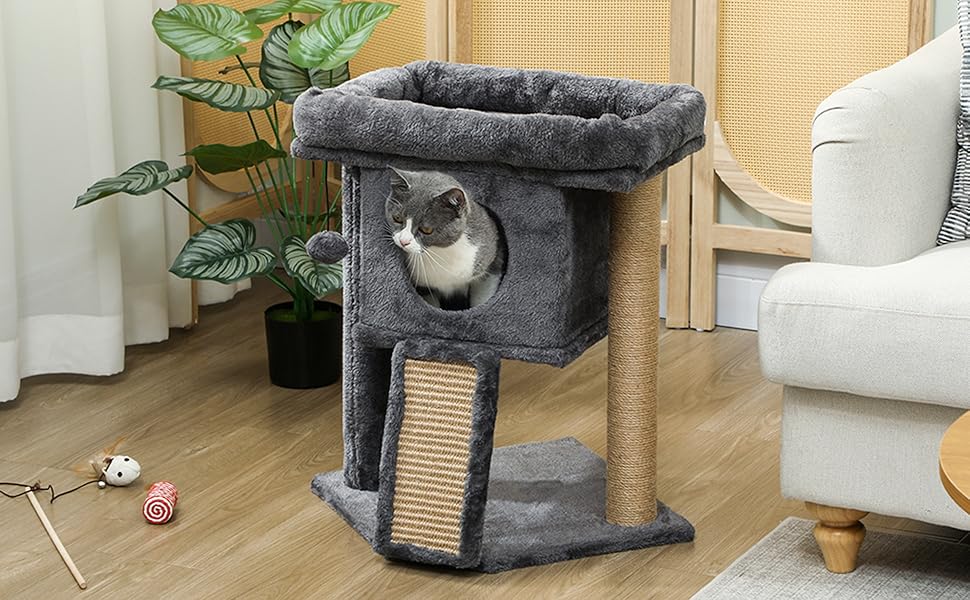 Дерев'яний кігтеточка PawHut для котів до 5 кг з гамаком, ігровим м'ячиком та гамаком, сірого кольору