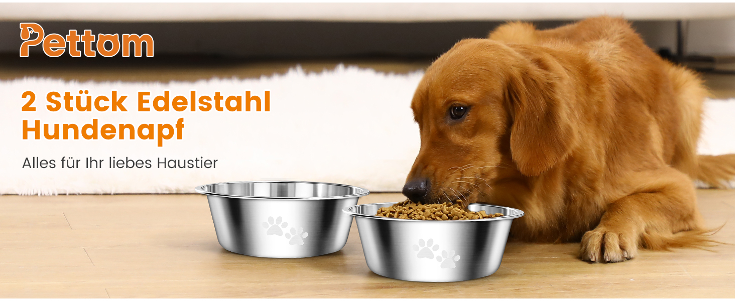 PETTOM Миски для собак з нержавіючої сталі, 2 шт. (3120 мл), миски для корму для собак великих, середніх та маленьких порід, миски для води для собак, антиковзкий силіконовий низ, розмір M - 21 см, сріблясті