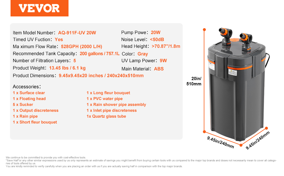 VEVOR акваріумний фільтр 264GPH, 3-ступеневий каністровий фільтр 284л, ультратихий внутрішній фільтр з УФ-захистом, багатофункціональний занурювальний фільтр для акваріумів, 11 Вт