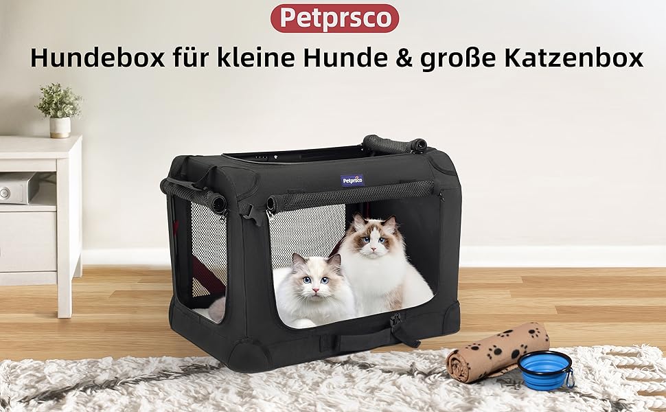 Транспортна переноска для котів та собак Petprsco, 60x42x42 см, чорна. Зігріваюча ковдра, миска та знімний матрац