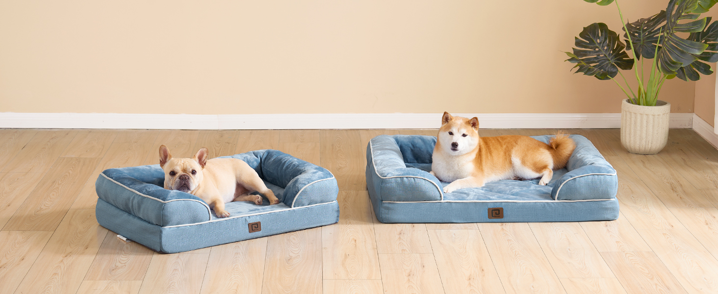 Ортопедичне ліжко для собак великих порід EHEYCIGA, 112x81 см, кошик для собак з Memory Foam, водовідштовхувальне, неслизьке, з високим бортиком, блакитний колір