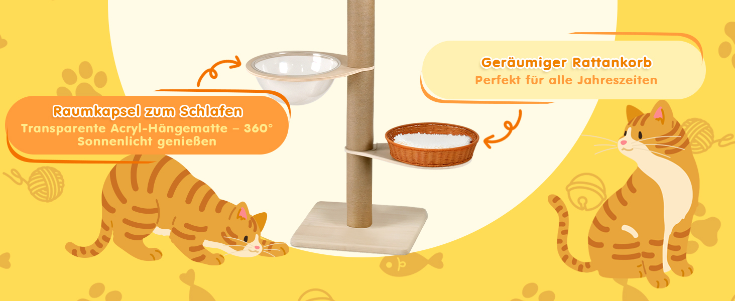 Комплекс для котів Kratzbaum з 5 поверхів, до стелі, регульована висота (255-270 см), з огорожами та сизалевими стовпами, котячий будиночок з капсулою та плетеним кошиком