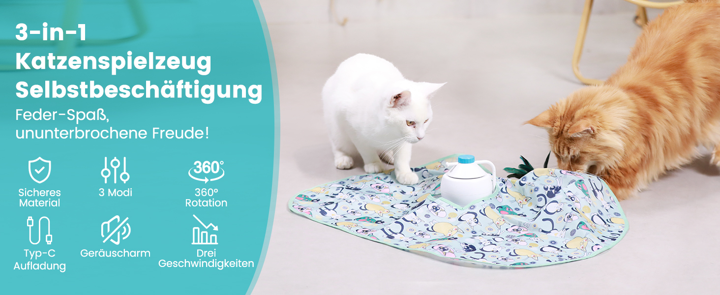 Інтерактивна іграшка для котів HAPPY HACHI 3 в 1: автоматична іграшка з пір'ям, USB-зарядка, комплект аксесуарів, блакитний колір