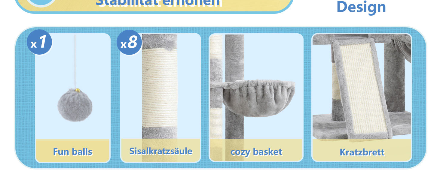 Котячий будиночок Hey-brother Kratzbaum: велика платформа, 2 печери, гамак, сизаль, кошик, 127 см, MPJ071W