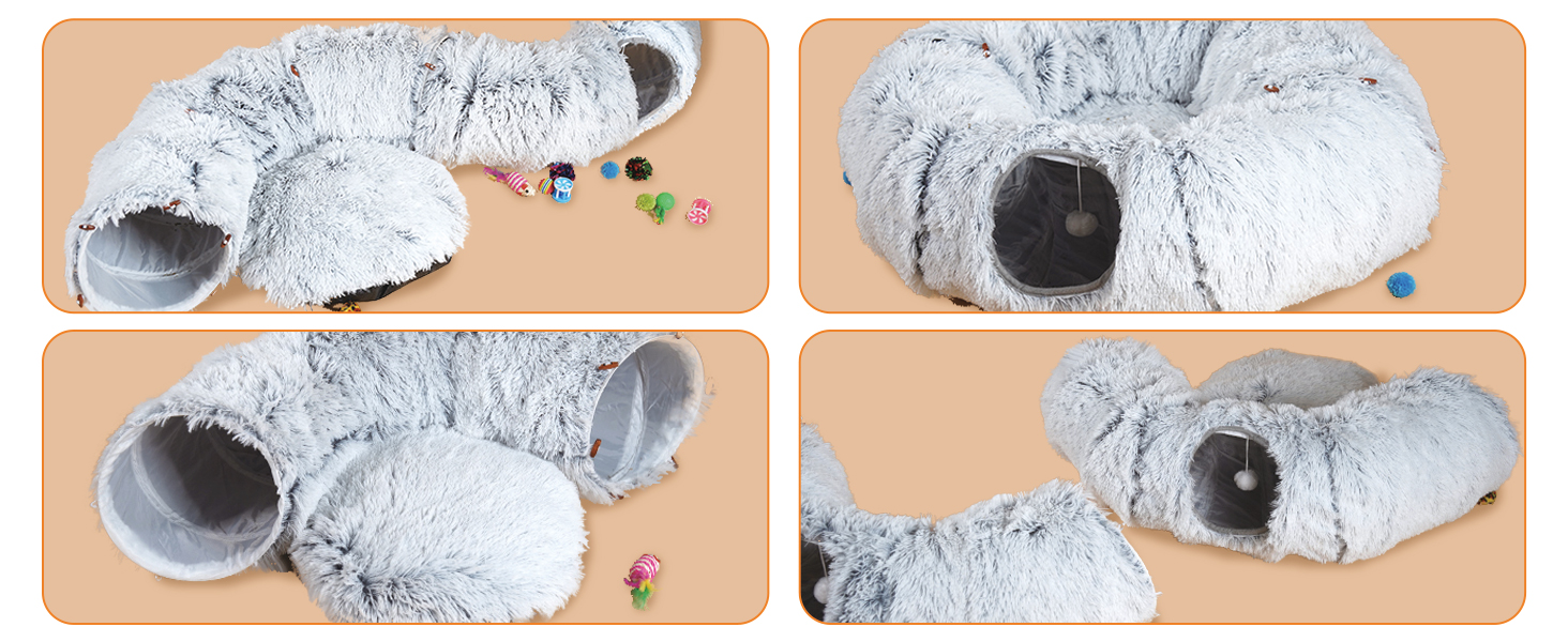 Туннель для котів FURRYPAWS XXL 3-в-1 – 160 см, ліжко, регульований, дихаючий, металевий каркас, складаний, для великих котів та дрібних тварин, сірий