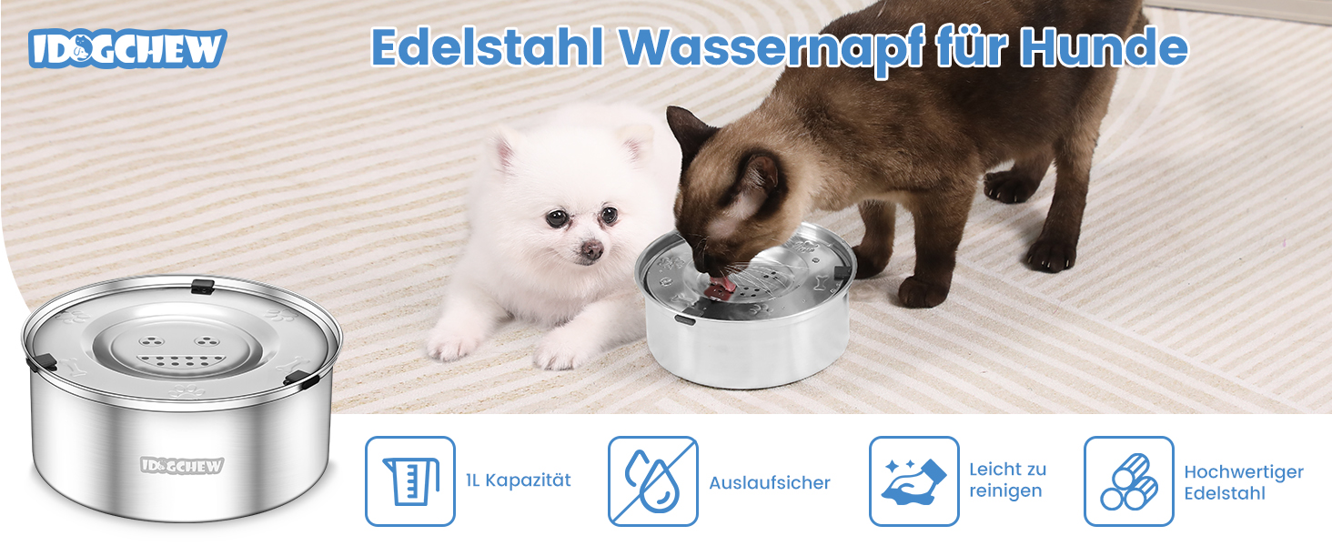 Миска для собак IDOGCHEW з нержавіючої сталі, проти облизування, з неслизьким дном, 1л, срібна