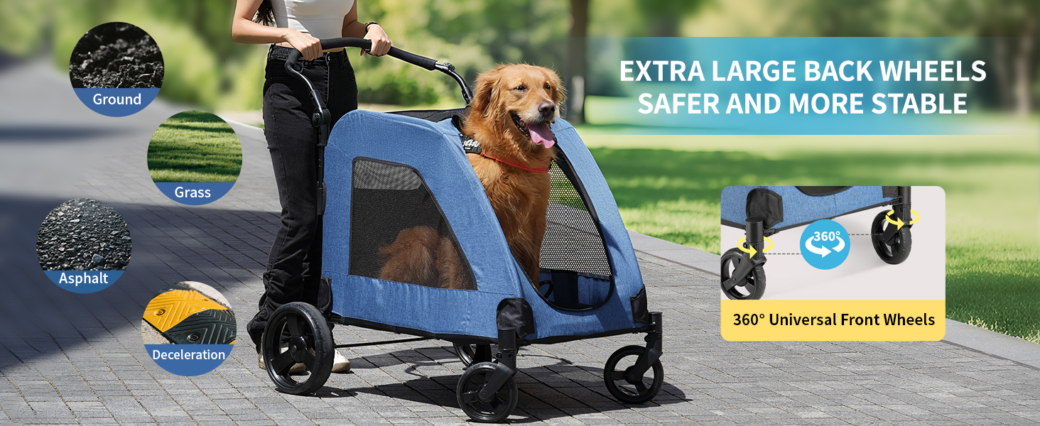 Візок для собак EchoSmile, середній та великий розмір, до 70 кг, складаний, з сітковими вікнами, регульована ручка, 4 проходимі колеса (блакитний)
