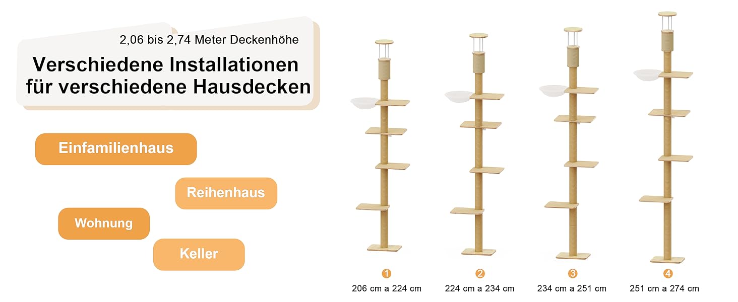 Драбина-кіготь для котів FUKUMARU, 4 яруси, до стелі (251-274см), кріпиться до стіни, з джутової тканини та зручною гамаком, бежева