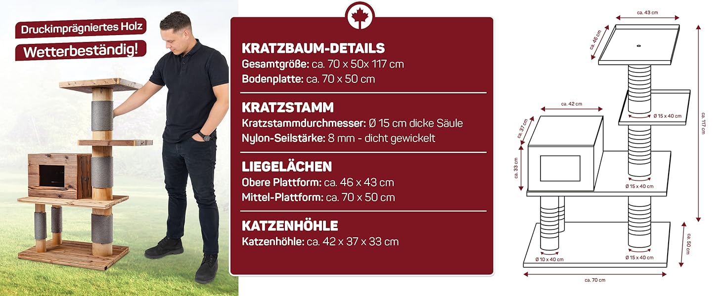 Кігтеточка для котів CanadianCat Woody - дерев'яний комплекс для лазіння | 70 x 45 x 117 см | вологостійка, для вулиці