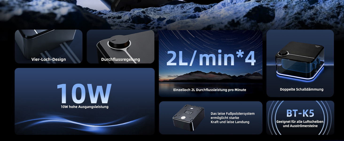 Повітряний компресор для акваріума Boxtech 10W, 4 виходи - тихий, регульований, для акваріумів 50-500л
