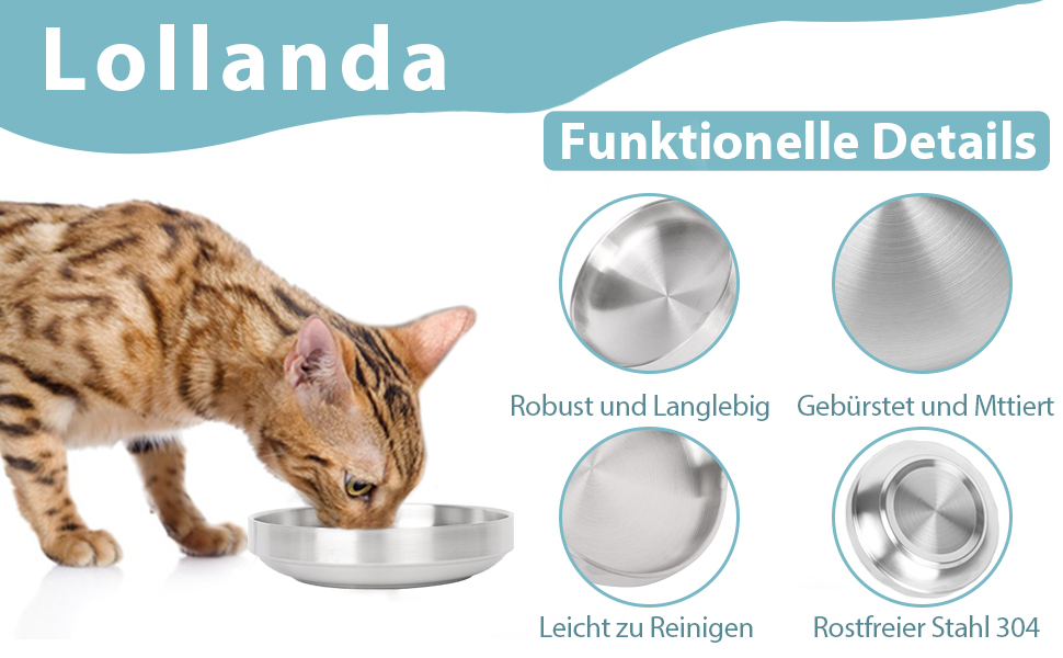 Миски для котів Lollanda Katzennapf Flach: 2 шт., нержавіюча сталь, 304, стійкі до перекидання, легко миються