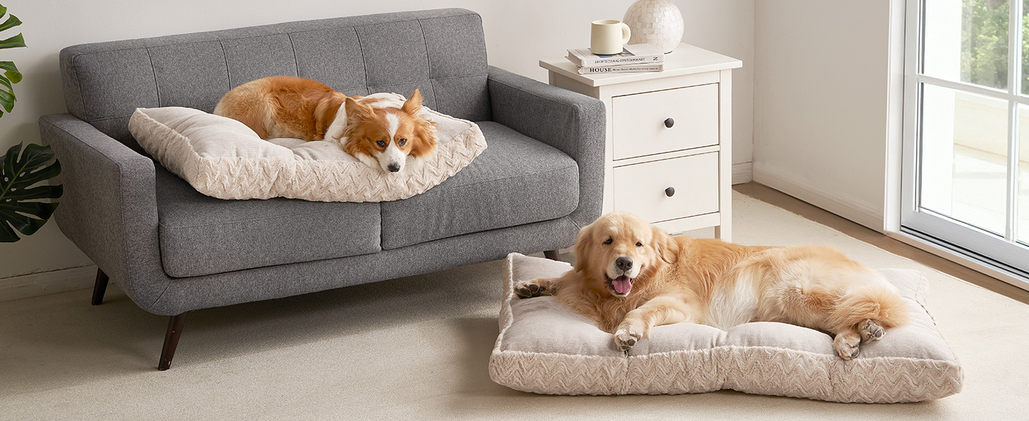 Килимок для собак великих порід, 104x68 см, XL, штучне хутро та льон, Бежевий