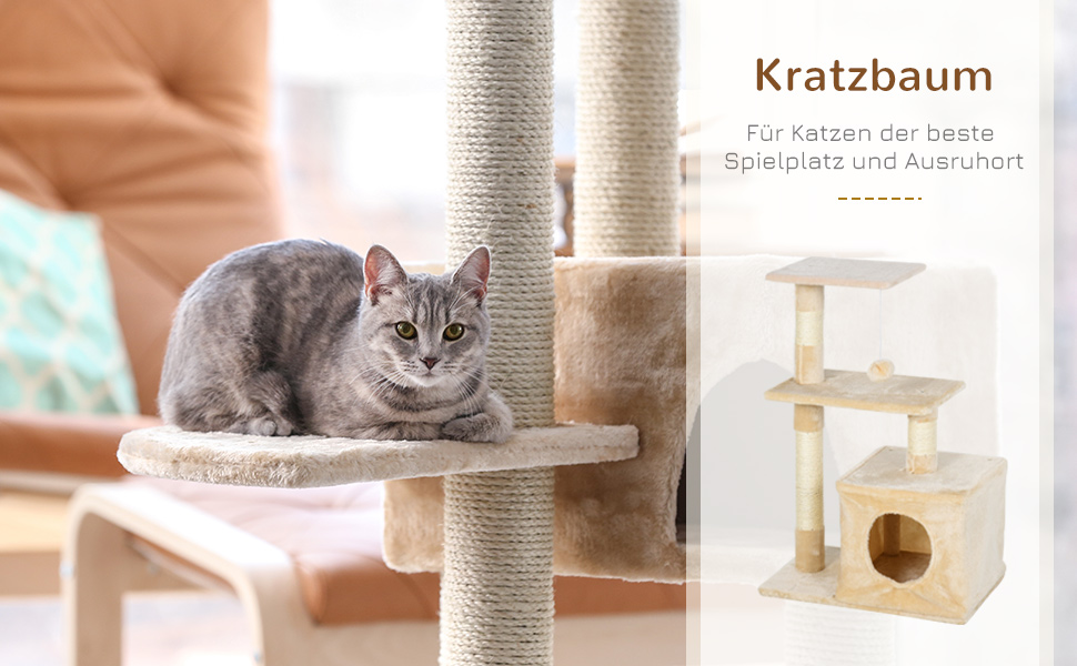 Дряпальня для котів PawHut з сизалю, котячий комплекс, кігтеточка, іграшка для котів, стабільна, з м'яким плюшем, E1-клас ДСП, бежевий, 50 x 30 x 81,5 см