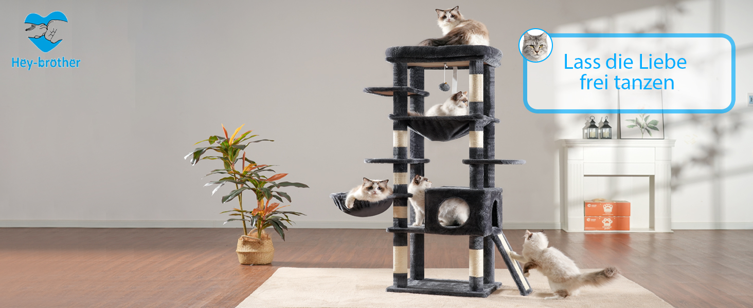 Котячий будиночок Hey-brother Kratzbaum: багатоповерховий, 145 см, сірий, з лежаком та гамаком