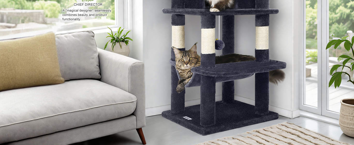 Котячий будиночок Globlazer з когтеточкою, 130 см, XL, темно-сірий. Стабільний кутовий комплекс з будиночком, платформою, гамаком та м'яким кошиком для великих котів.