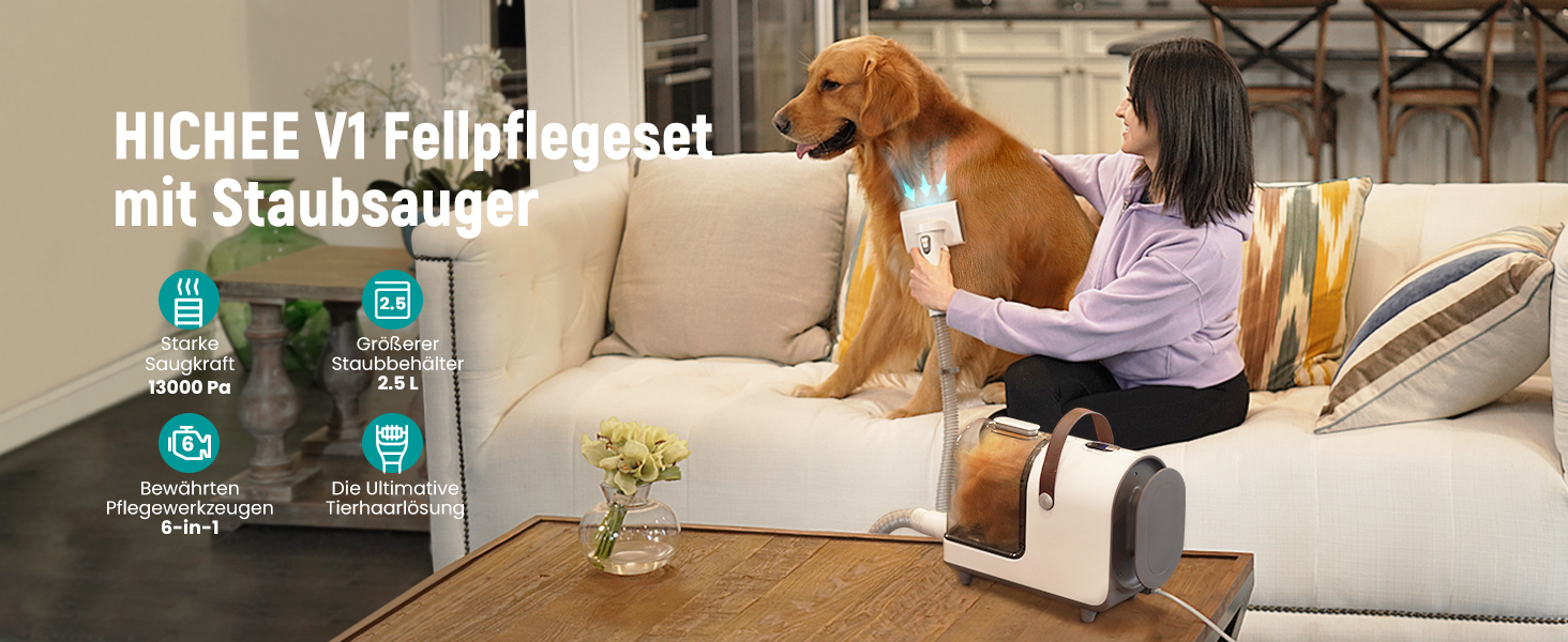 Машинка для стрижки собак HICHEE з пилососом, 13 kPa, професійний набір для грумінгу домашніх тварин, тиха машинка для собак та котів, 6 інструментів