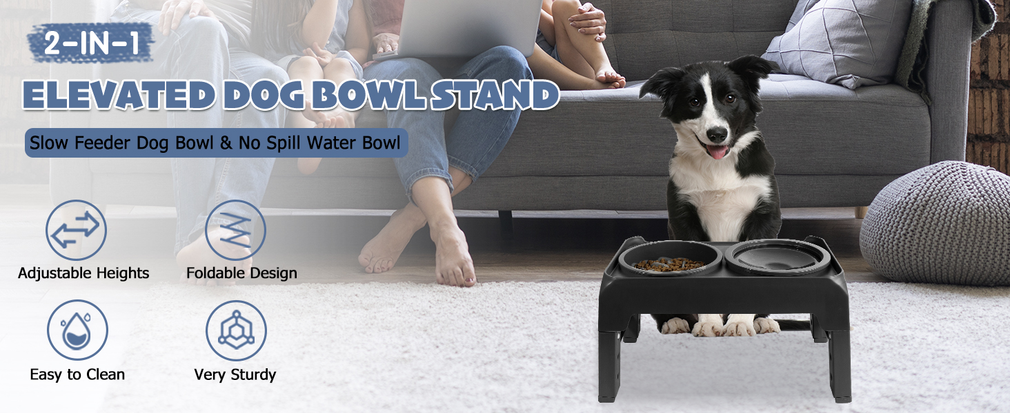 Підвищений годівниця для собак, регульована висота, повільний годівник та миска для води без обливання, набір, миска для корму для собак, миска для води для великих, середніх та маленьких собак, котів та домашніх тварин, чорний
