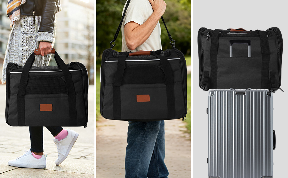 Транспортна сумка для кота, переноска для кота, складана переноска для кота в літаку, переноска для тварин з мискою та флісовим килимком, переноска для котів та маленьких собак до 10 кг (Чорна)