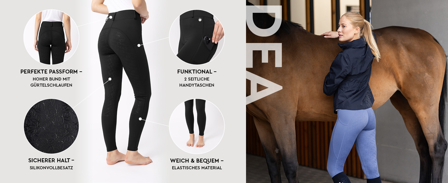 Легінси для верхової їзди HORZE DEA, чорні, з повним сидінням та кишенею для телефону, 40 розмір