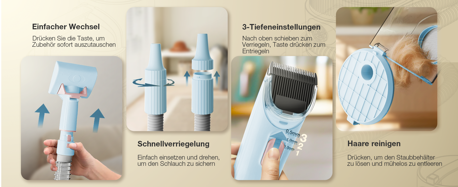 Набір для догляду за тваринами 7-в-1: Шерстьомашина, пилосос для шерсті та фен для собак та котів. Потужність 11000Pa, об'єм контейнера 2.5L, 3 режими потужності та температури. Тиха робота. Колір: блакитний.