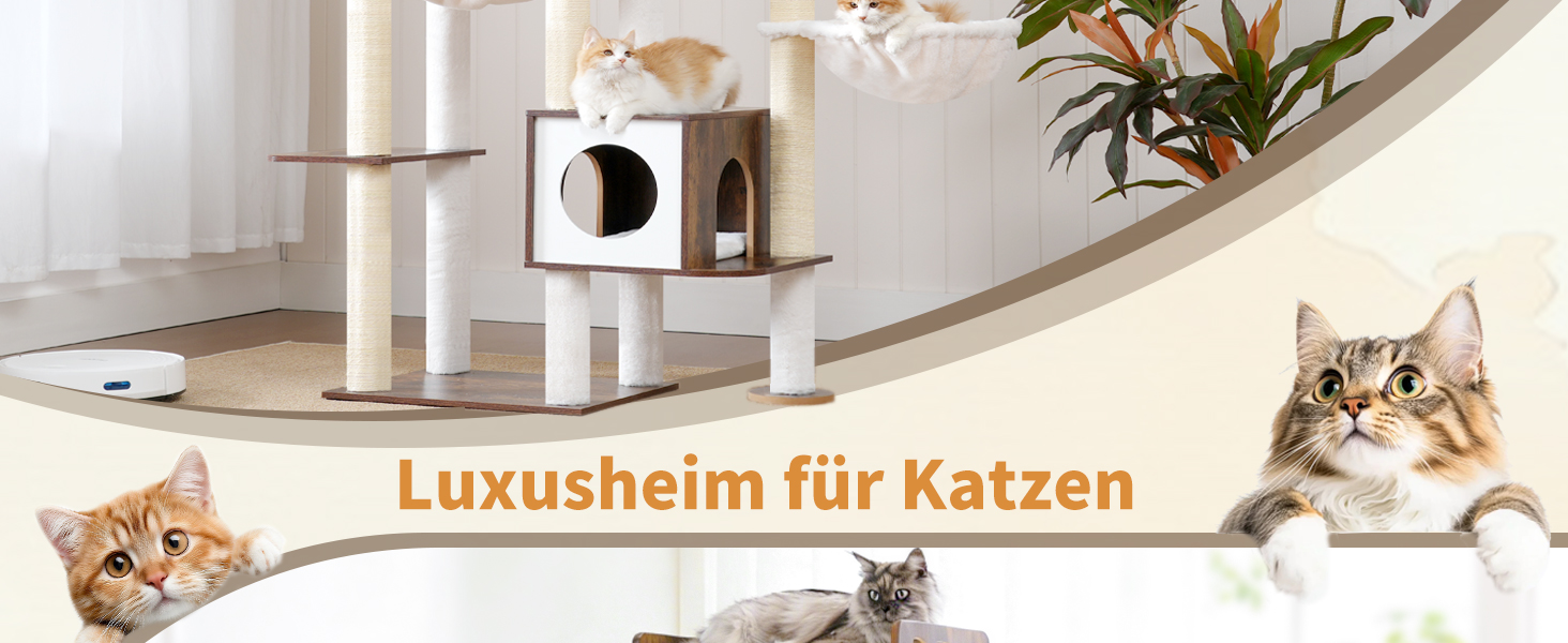 Дерев'яний котячий комплекс Heybly Kratzbaum HCT121WB (Vintage-Braun), 179 см, з будиночком, гамаком та сизалевими стовпчиками