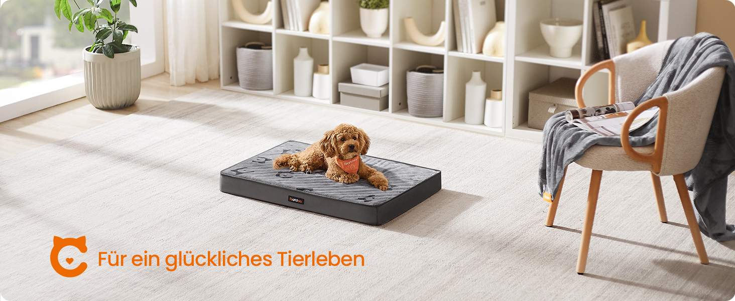 Ліжко для собак Feandrea, м'яке, знімний матрац, водовідштовхувальне, 76 x 51 x 8 см, розмір M, для маленьких та мініатюрних собак, сірий (PGW241G01 M)