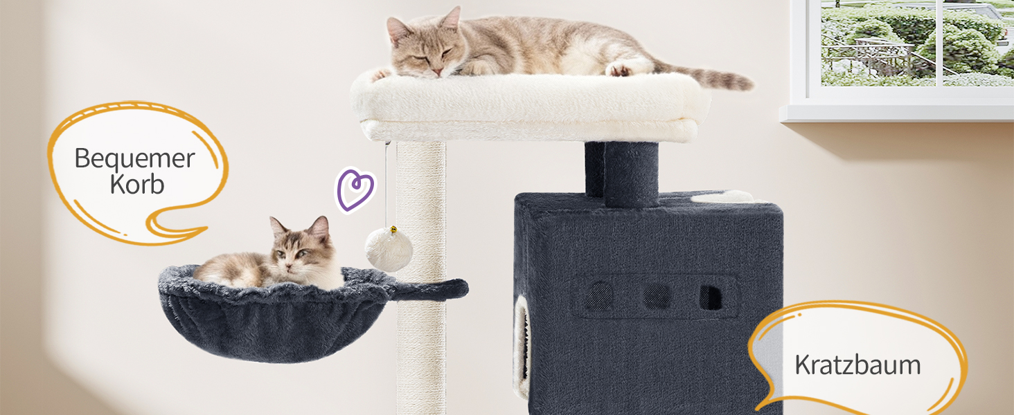 Дерево для котів Hzuaneri, 75 см, зі стійкою конструкцією, великою лежанкою, котячою печеркою, сизалевими стовпчиками, кошиком та іграшками, сірий колір