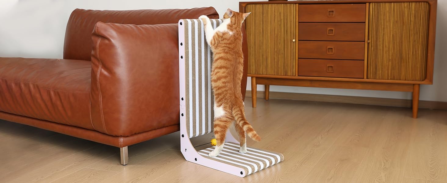 Котячий когтеточка FUKUMARU L-подібної форми, 68 см, з візерунком смуг, з іграшкою, для стіни та кута, з міцного картону